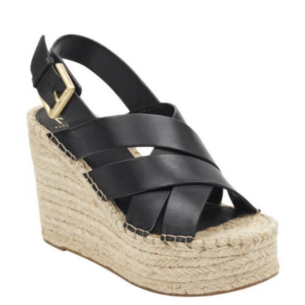 Marc Fisher Alenni Black Leather Platform Wedge Sandals Open Toe Size 10 NWOB